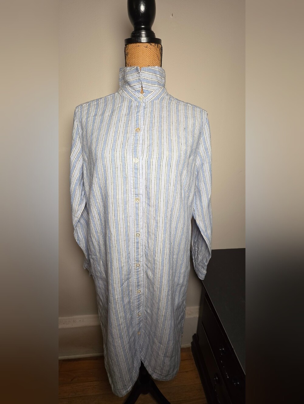 J. Jill 100% Linen Light Blue and White Striped Long Sleeve Dress